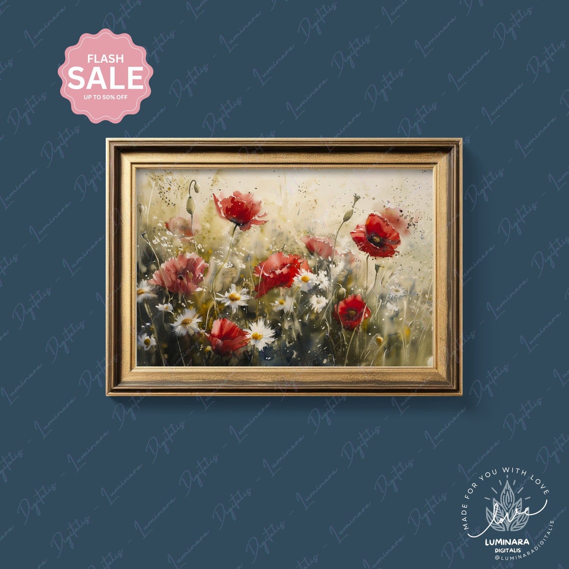 Watercolor Red Poppies And Daisies On A Soft Cream Background Poster - Image 4