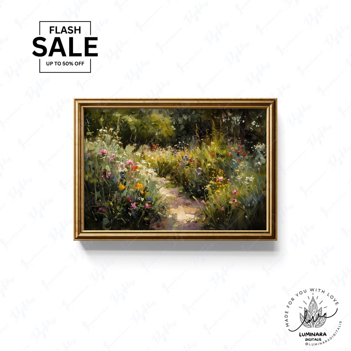 Summer Garden Path Between Flower Beds Impressionist Art Print - Image 3