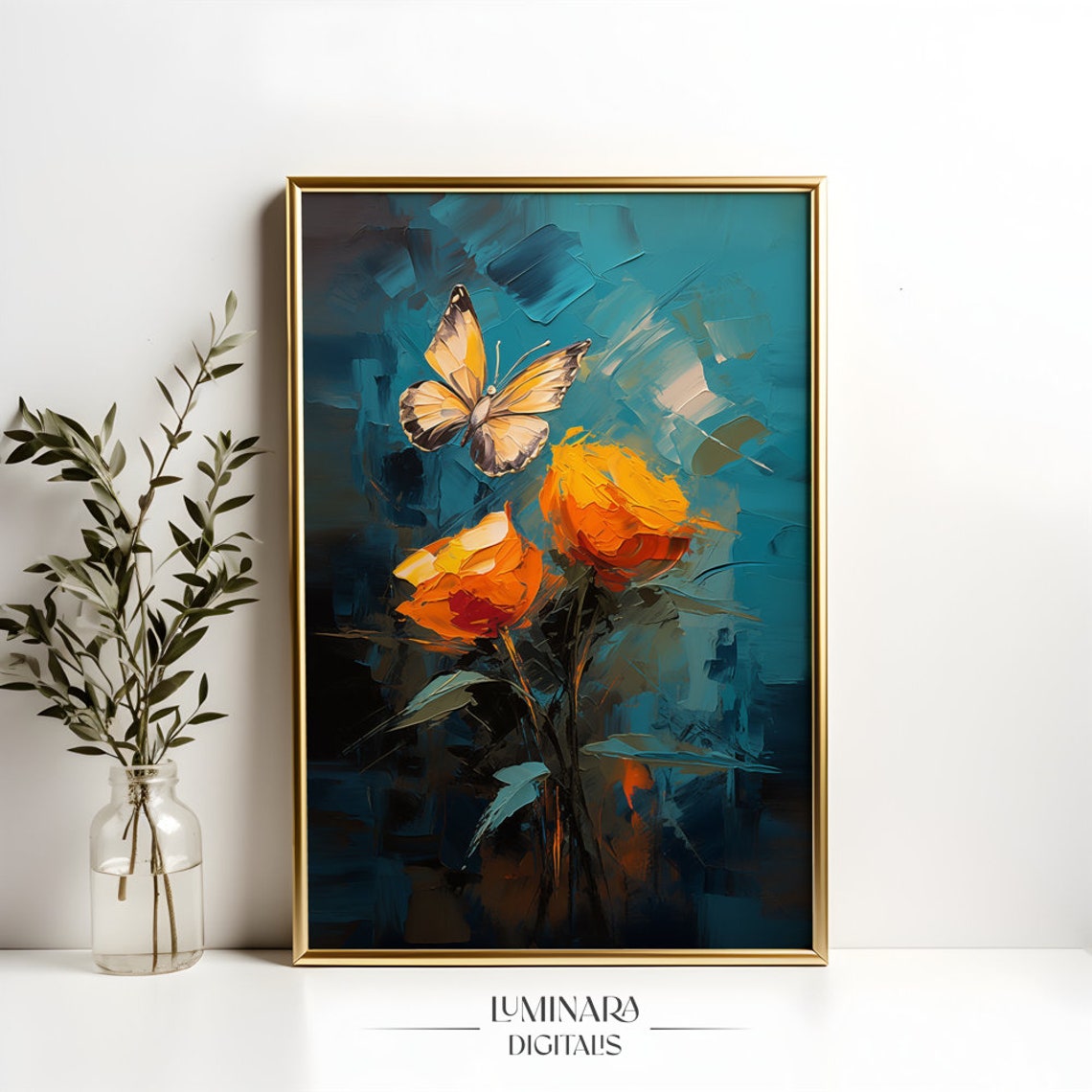 Orange Flowers With Butterfly Teal Background Impasto Oil Poster - Image 4