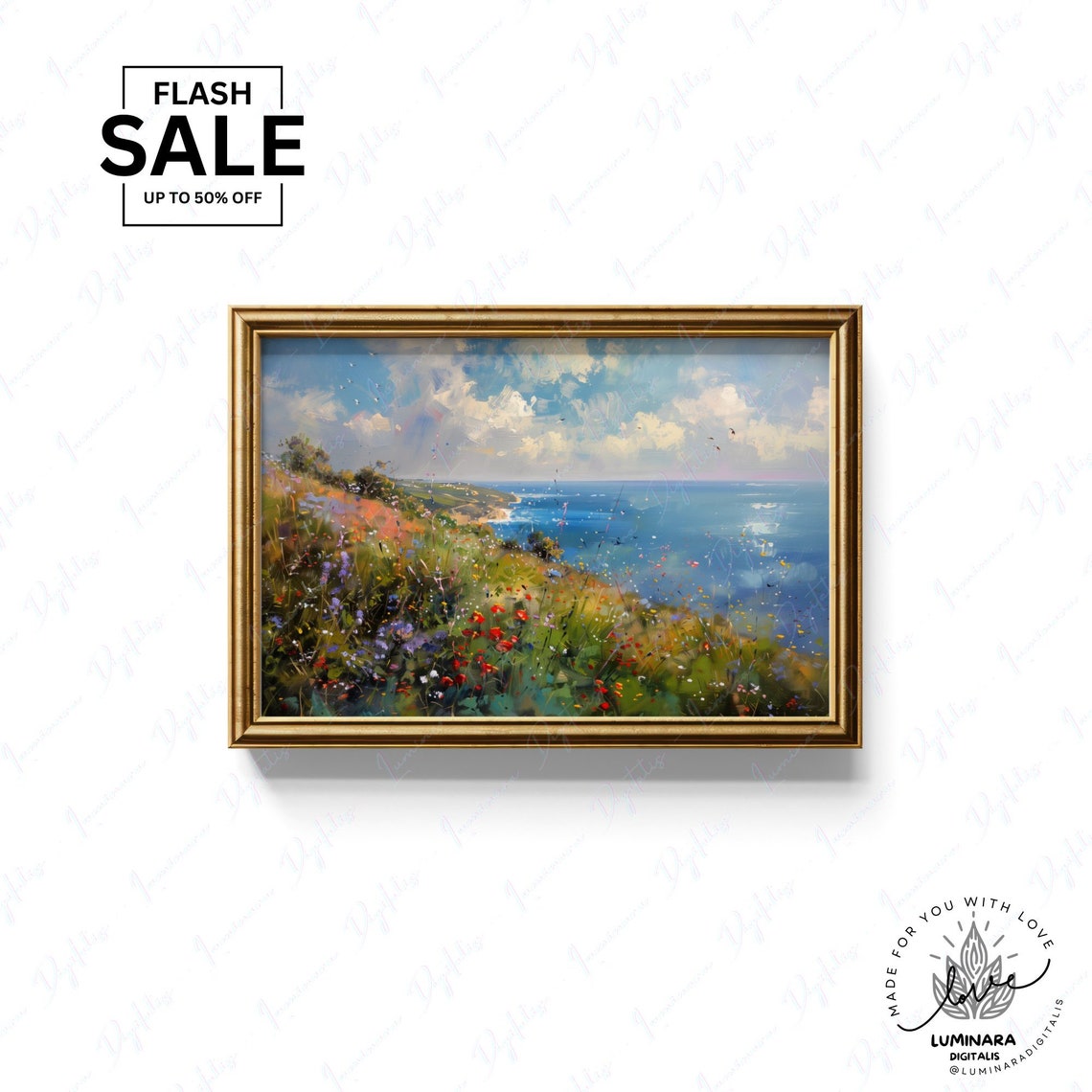 Wildflower Hillside Sloping Down To A Sparkling Blue Sea Art Print - Image 3