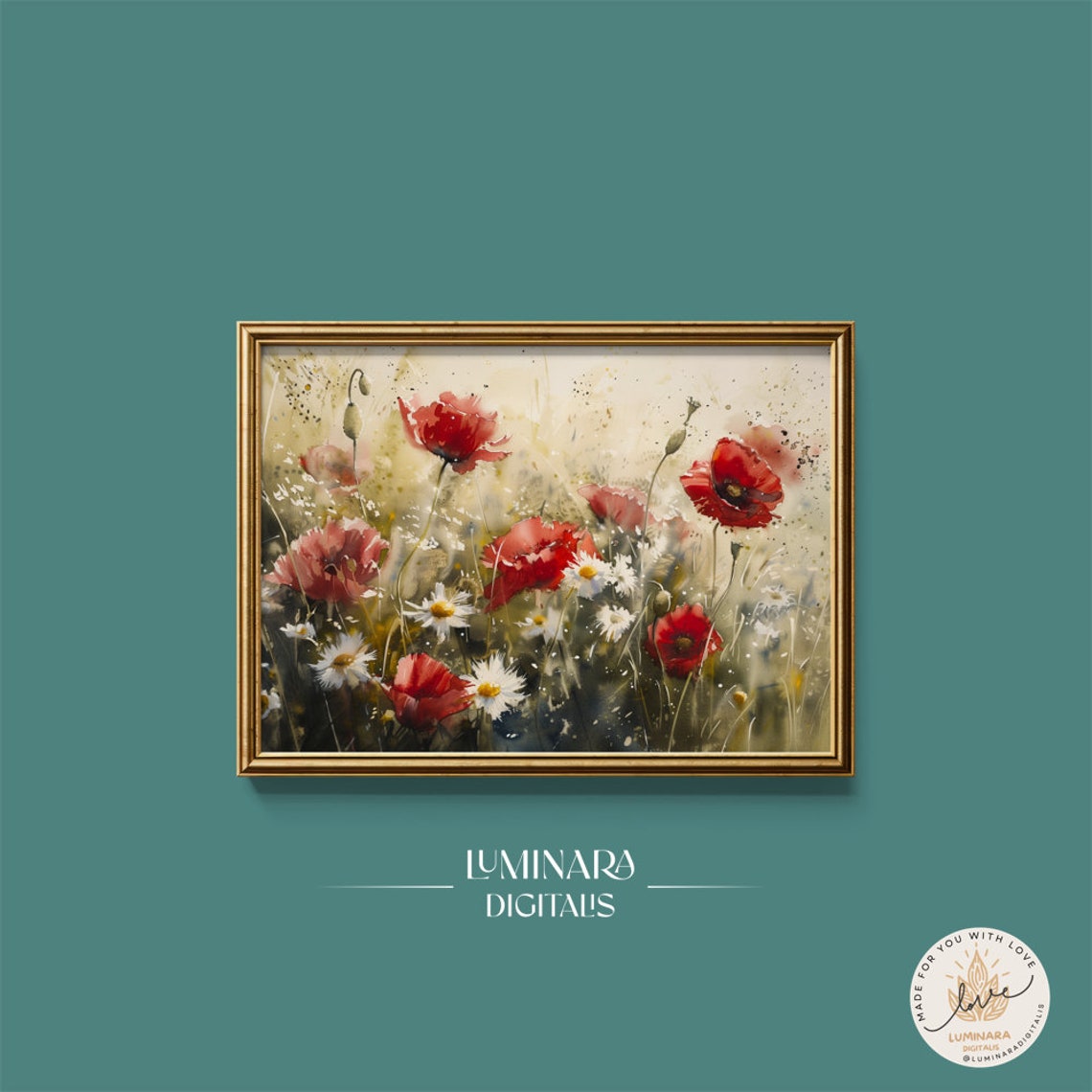 Watercolor Red Poppies And Daisies On A Soft Cream Background Poster