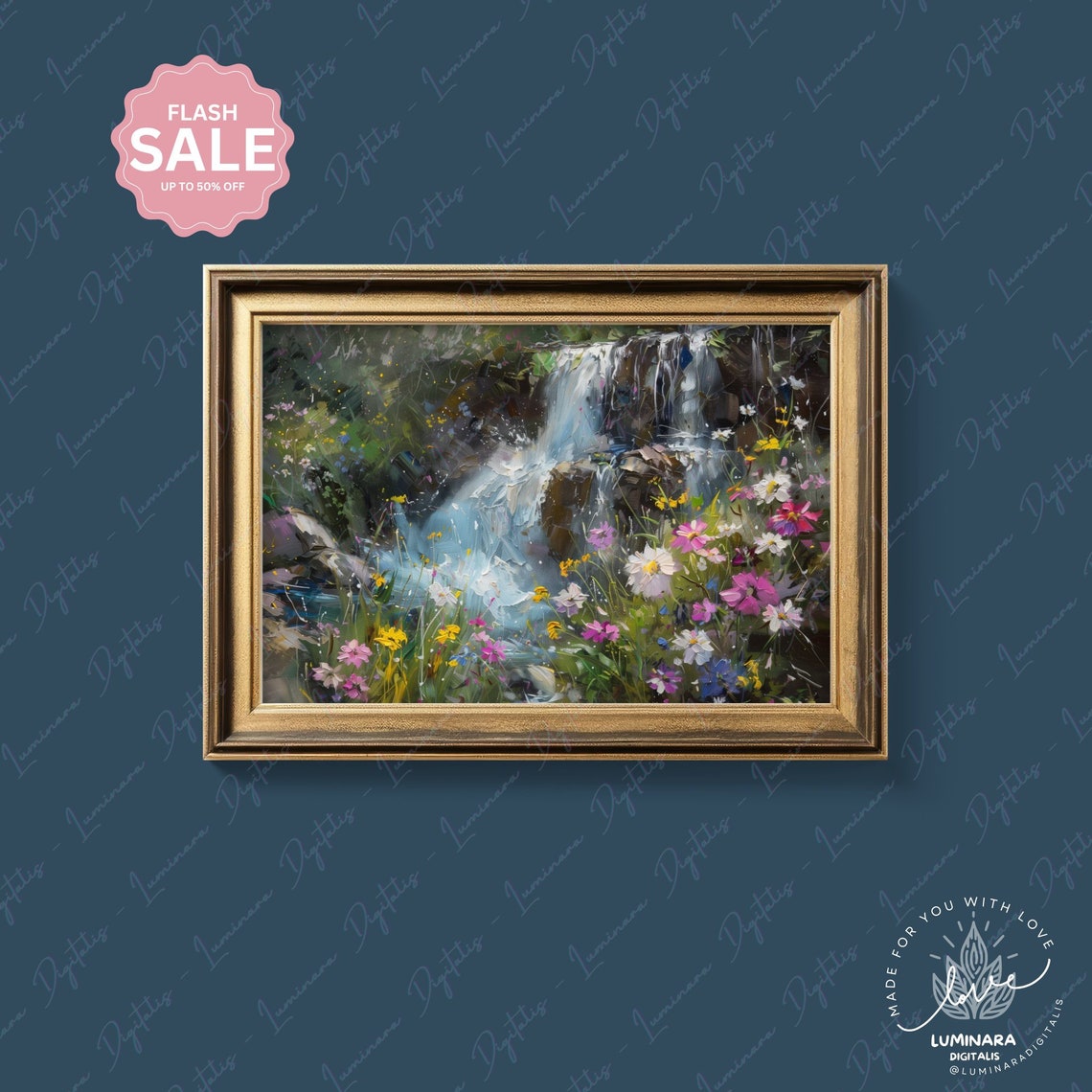 Waterfall Cascading Behind Colorful Wildflowers Impressionist Poster - Image 4