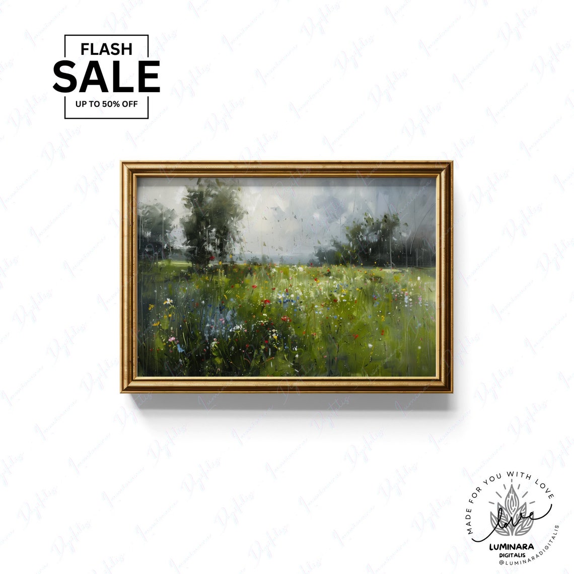 Rainy Meadow Wildflowers Under Misty Gray Skies Impressionist Poster - Image 3
