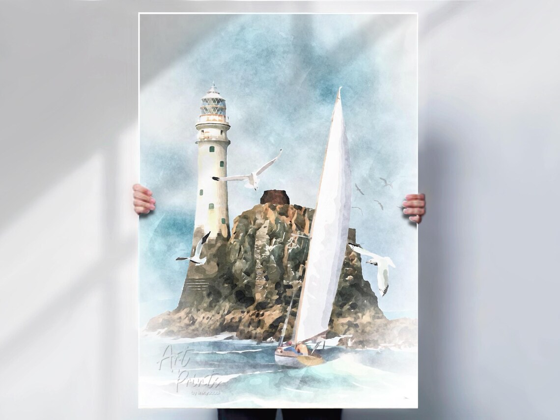 Fastnet Rock Lighthouse, Watercolour Style Art Print