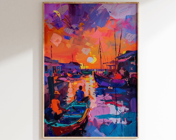 Matisse Inspired Fishing Village Sunset Boats Impasto Art Poster
