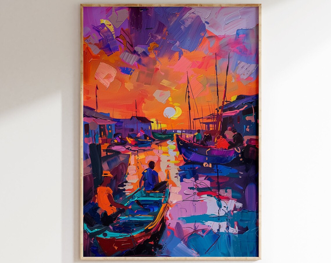 Matisse Inspired Fishing Village Sunset Boats Impasto Art Poster