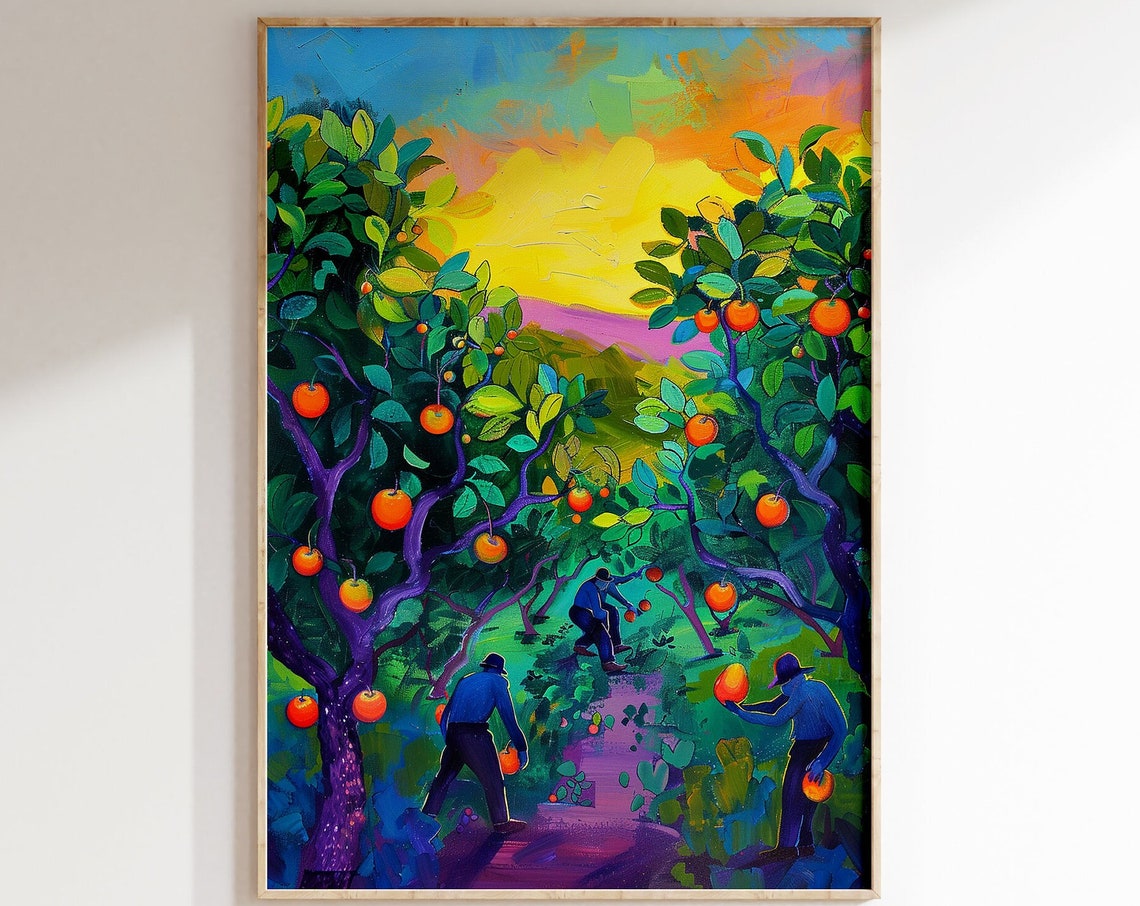 Golden Sunset Orange Orchard Harvest Pickers Colorful Poster