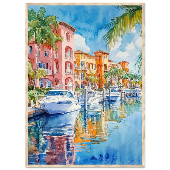 Naples Watercolor Painting Print, Florida Marina