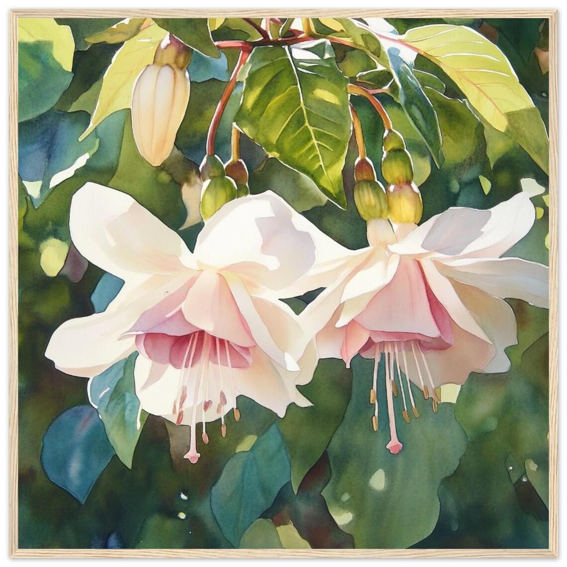 White Fuchsia Watercolor Print, Elegant Floral Art