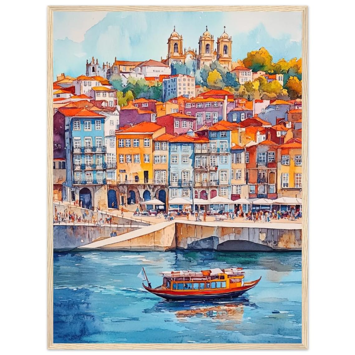 Porto Portugal Ribeira Waterfront Douro River Watercolor Travel Poster