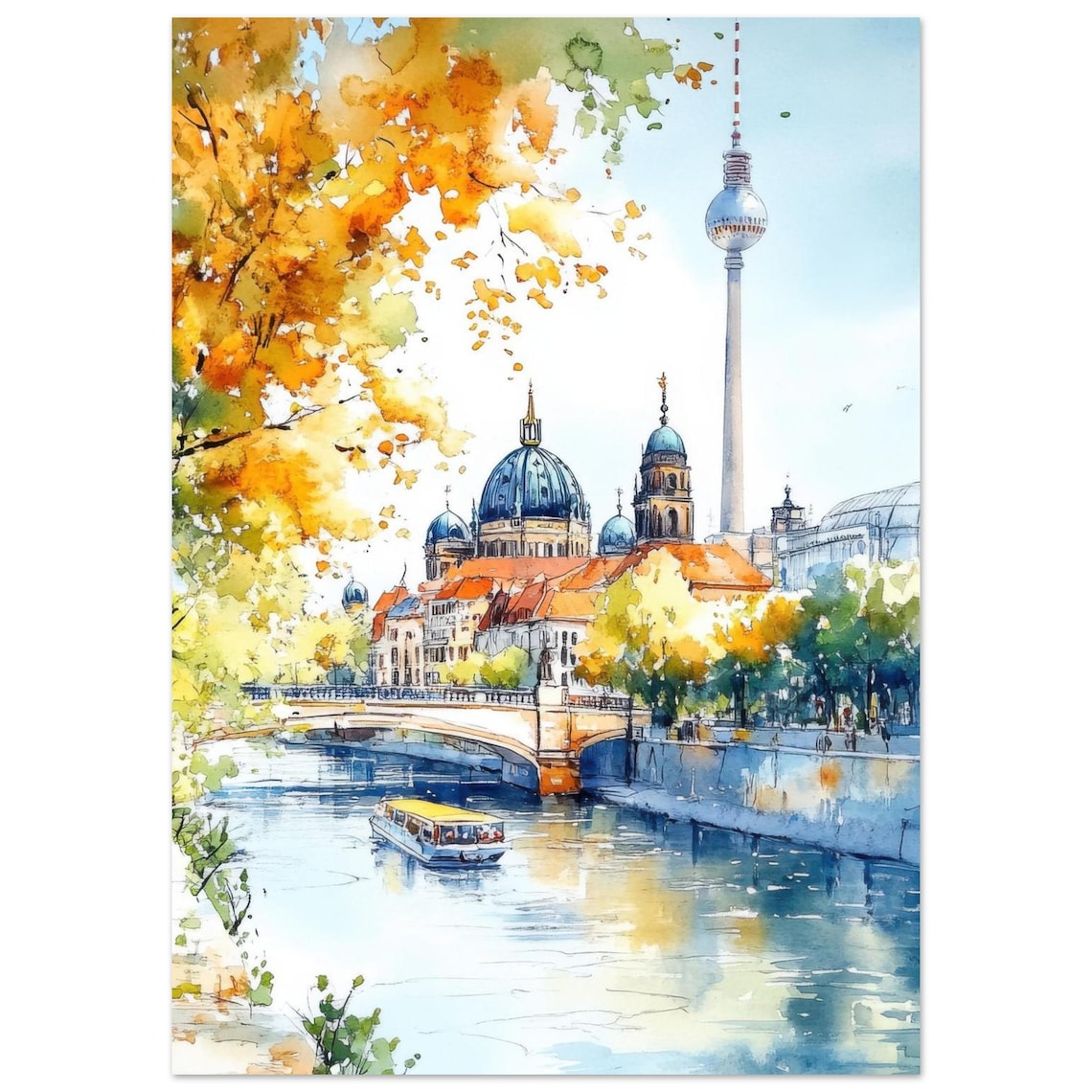 Berlin Autumn Cathedral Spree TV Tower Watercolor Travel Poster