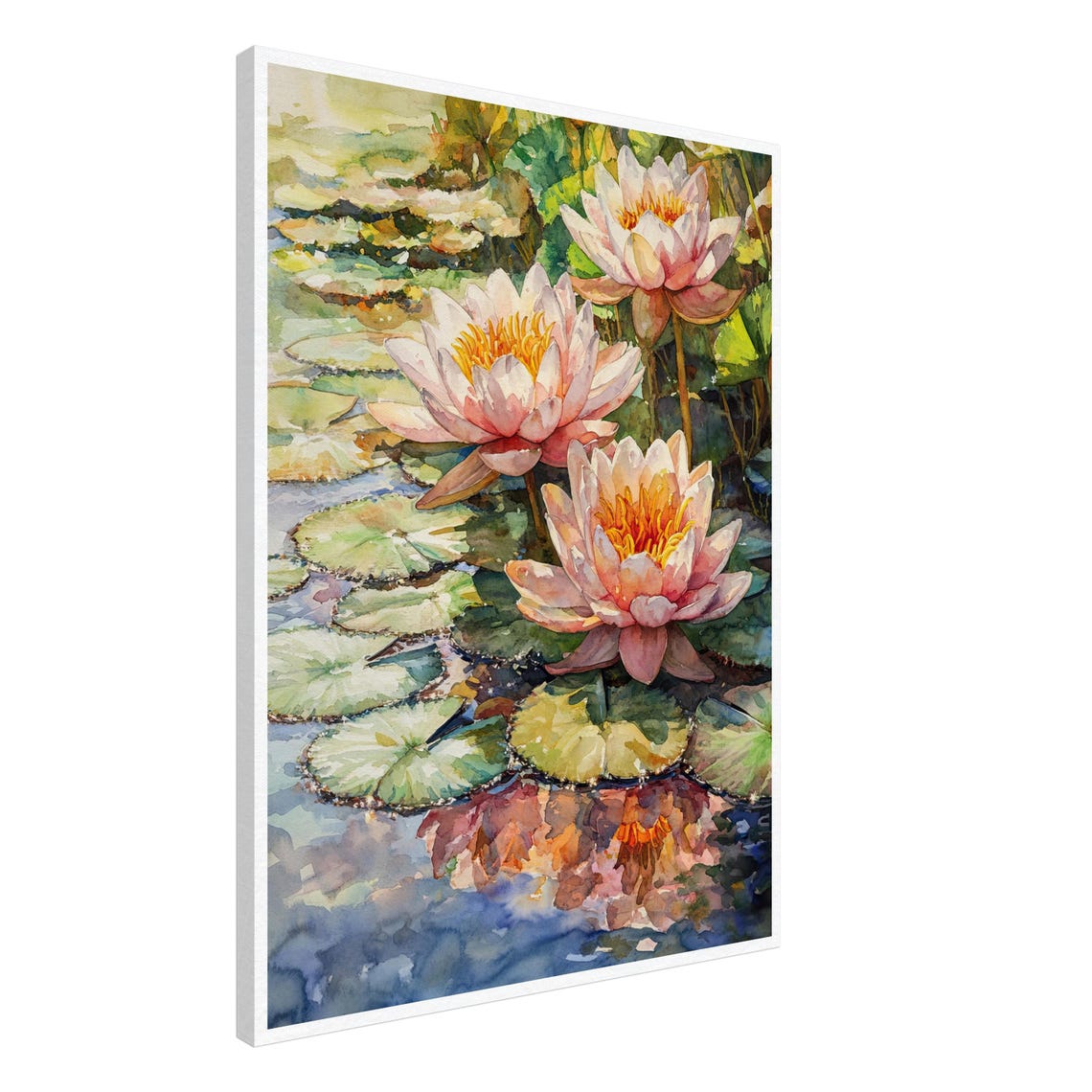 Pink Water Lily Pond Reflections Watercolor Floral Art Print - Image 3