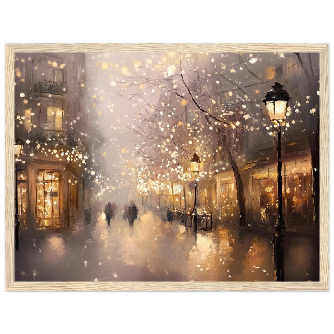 Romantic European Cityscape Night Art Print Christmas Lights Winter Street Oil Painting Paris Architecture Vintage Canvas By Nataliaayuart