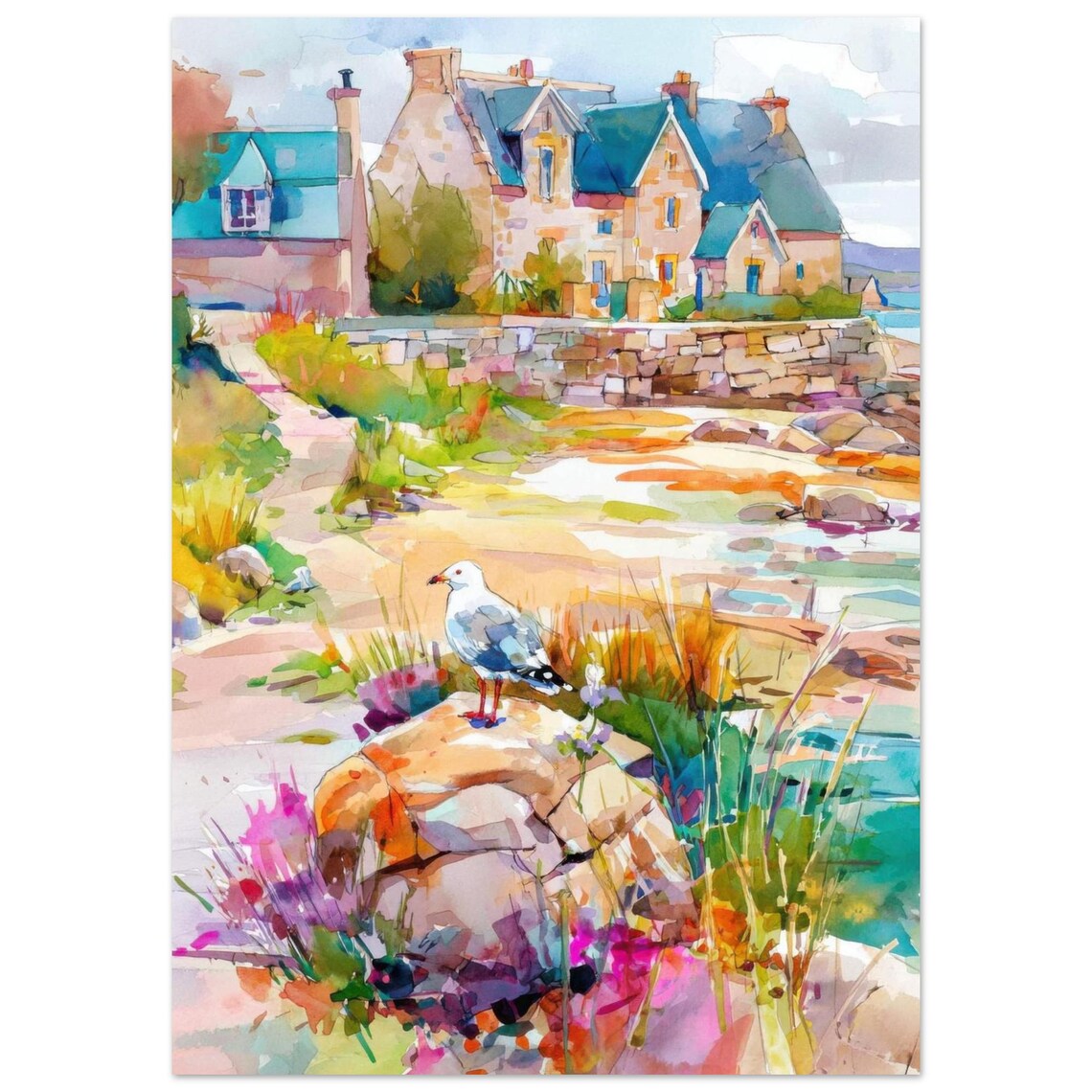 Brittany Coastal Village Watercolor Seagull French Travel Poster