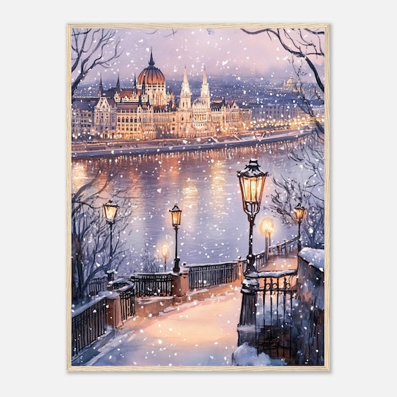 Budapest Parliament Winter Snow Night Lights Watercolor Poster