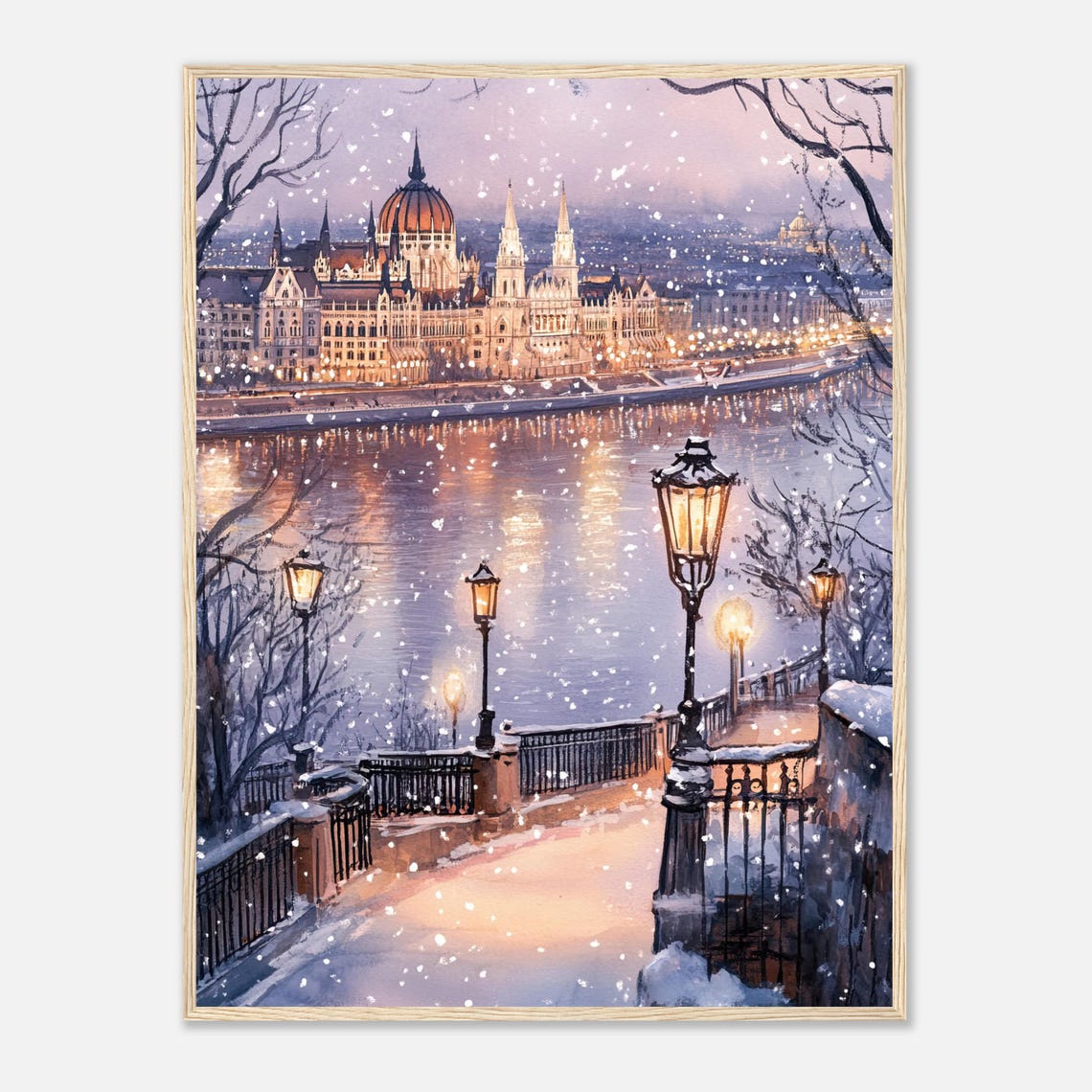 Budapest Parliament Winter Snow Night Lights Watercolor Poster