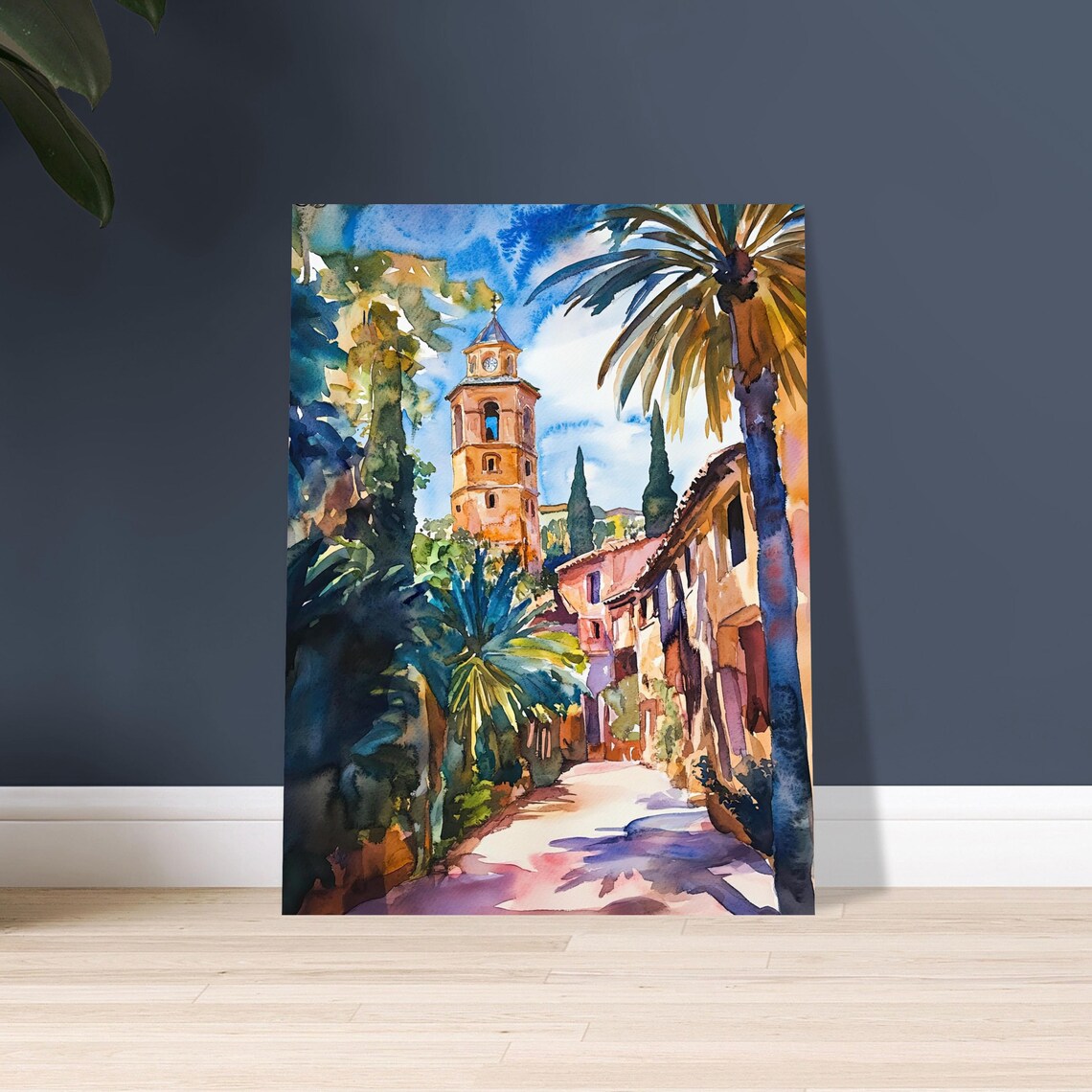 Malaga Spain Church Tower Watercolor Sunlit Palm Street Art Poster - Image 3