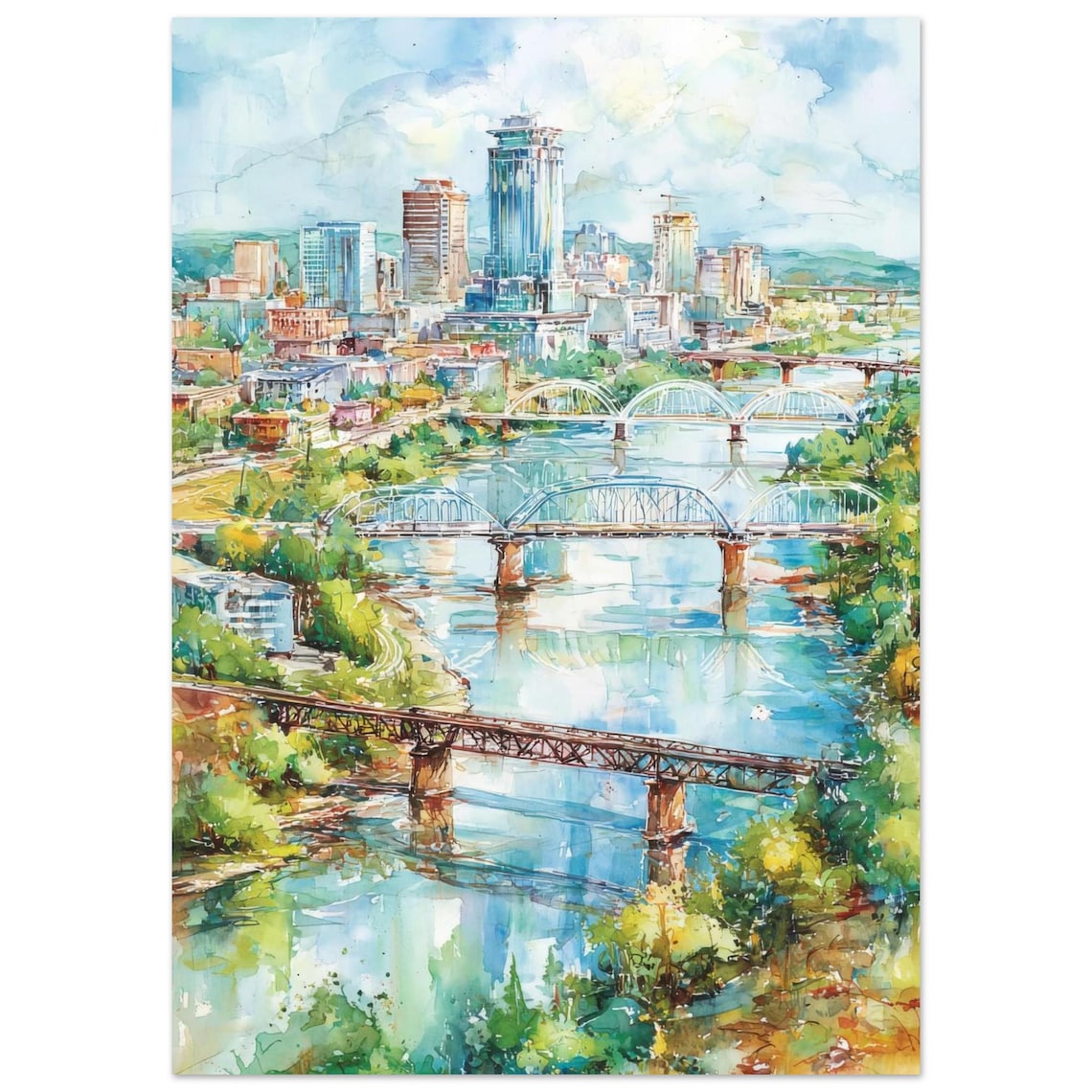 Little Rock Watercolor Painting Print, Arkansas Skyline