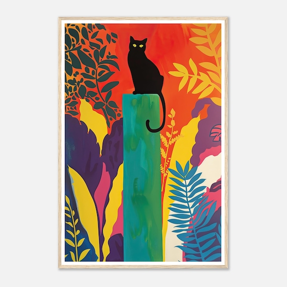 Black Cat on Green Post Tropical Foliage Matisse Style Poster