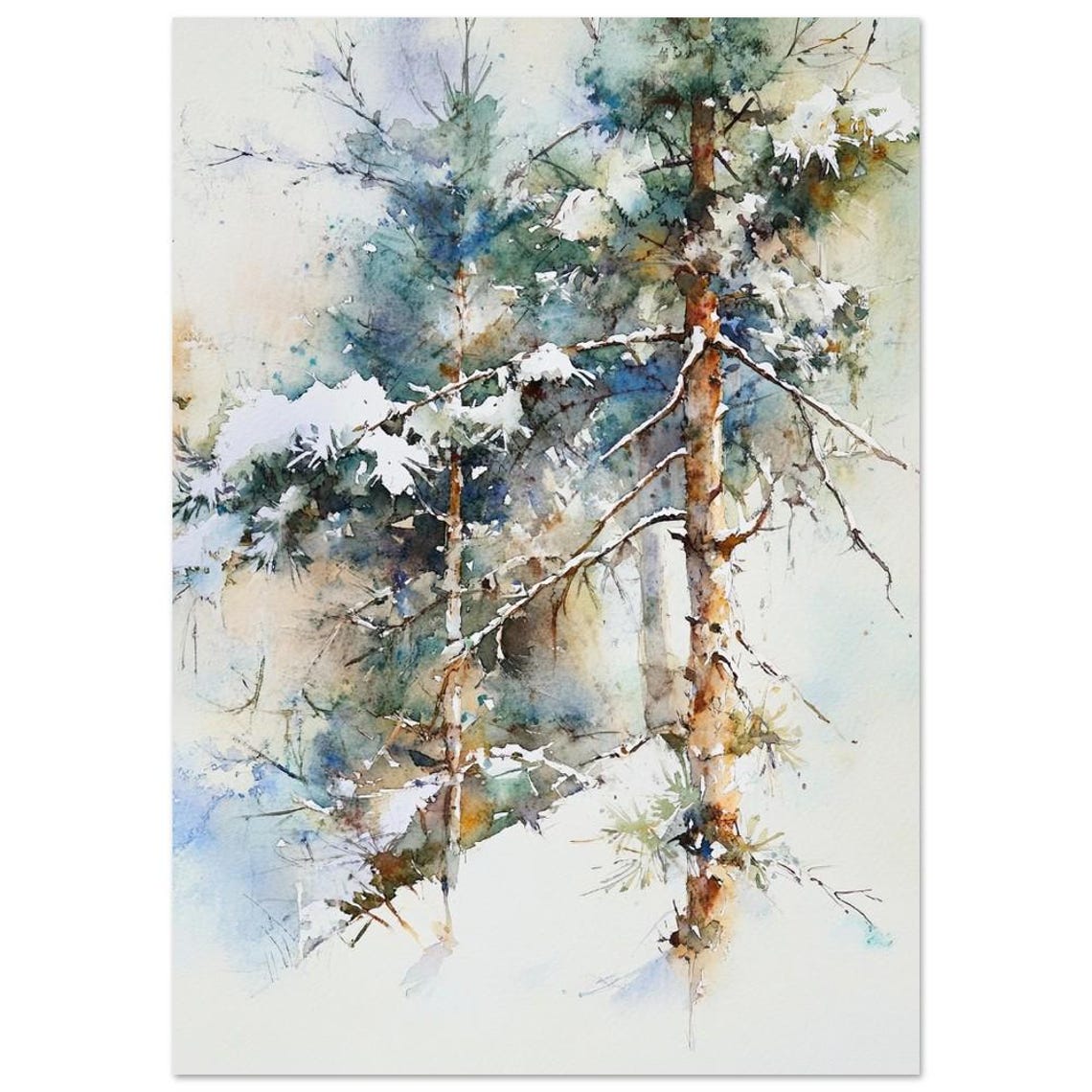 Snowy Pine Trees Watercolor Winter Forest Painting Art Poster - Image 3