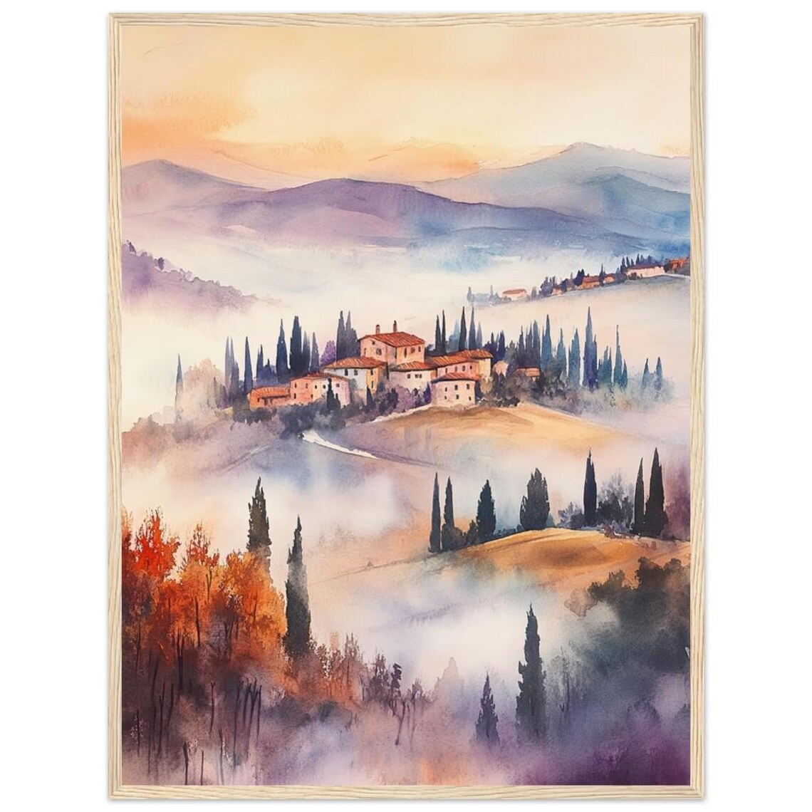 Foggy Tuscan Hills Watercolor Painting Print Italian Landscape Fine Art Misty Tuscany Morning Countryside Artwork By Nataliaayuart