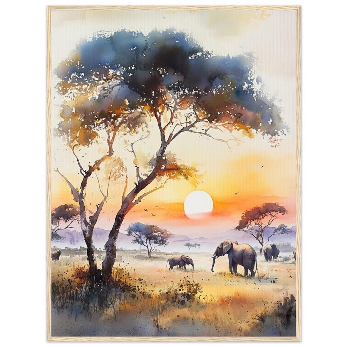 African Sunset Watercolor Print, Elephants in Savannah