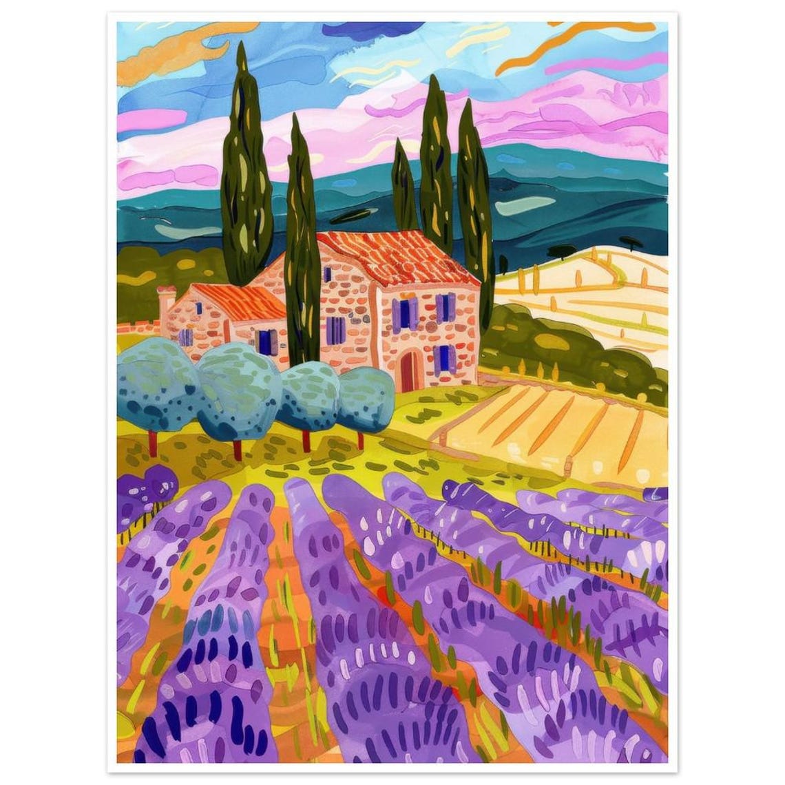 Stone Farmhouse Lavender Field Cypress Trees Sunset Art Poster