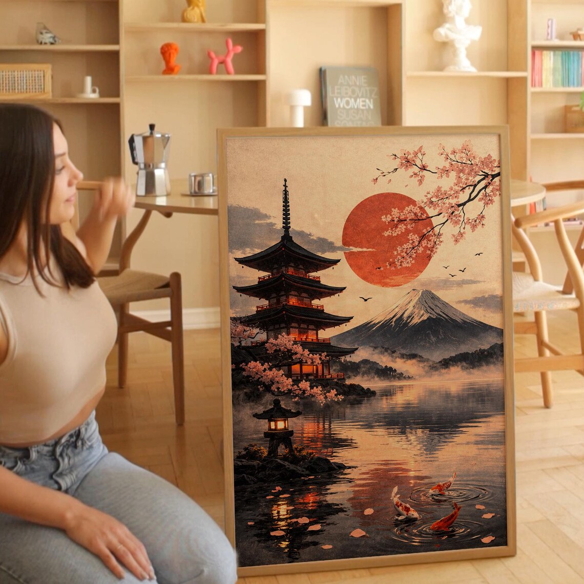 Japanese Pagoda Mount Fuji Red Sun Cherry Blossom Koi Lake Poster