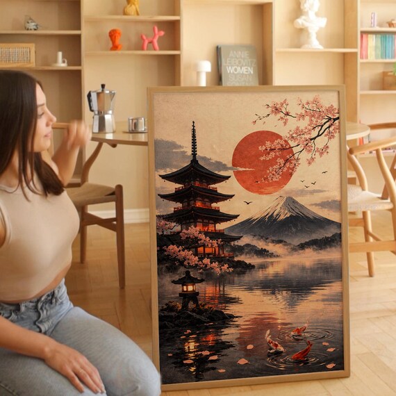 Japanese Pagoda Wall Art Print Mount Fuji Sunset Poster Sakura Lake Landscape Decor