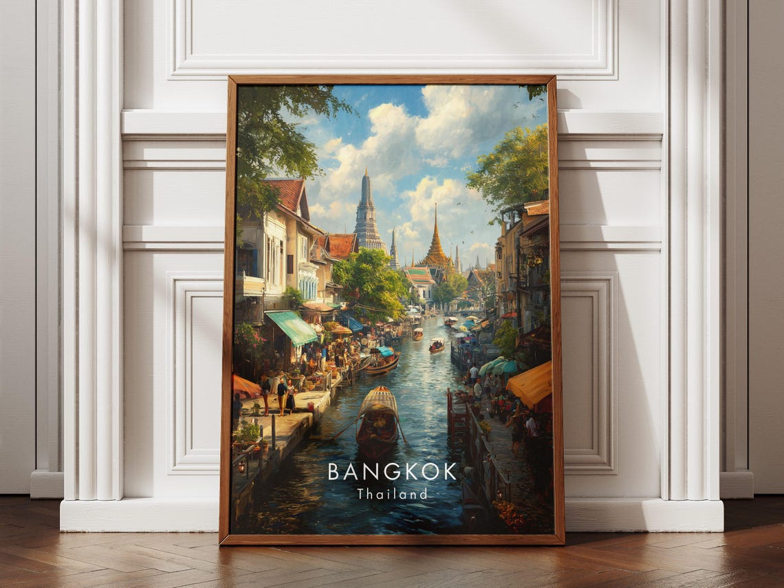 Bangkok Thailand Floating Market Canal Wat Arun Travel Poster