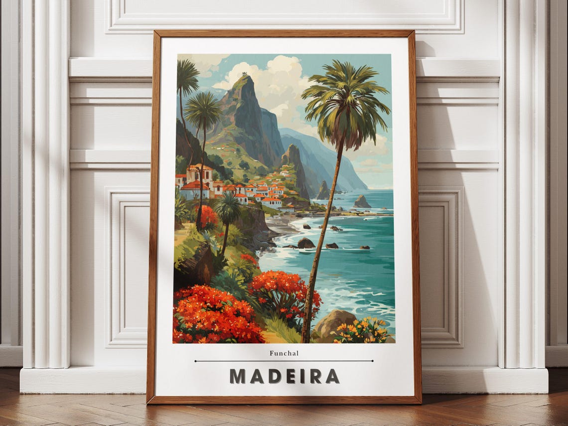 Funchal Madeira Island Coast Palm Trees Vintage Travel Poster