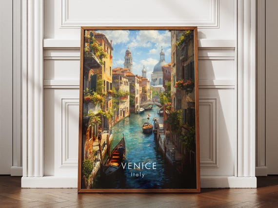Venice Italy Travel Poster Modern Wall Art Print Venetian Canals Colorful Gondolas Bright Minimal Design Italian Cityscape
