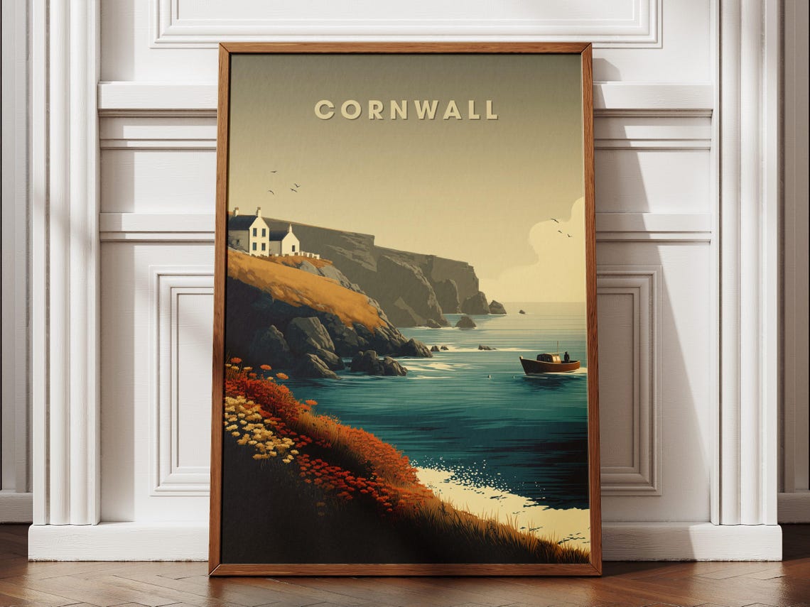Cornwall Rugged Cliffs Cottage Boat Vintage Coastal Travel Poster