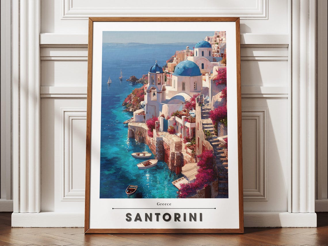 Santorini Greece Blue Domes and Aegean Sea Island Travel Poster