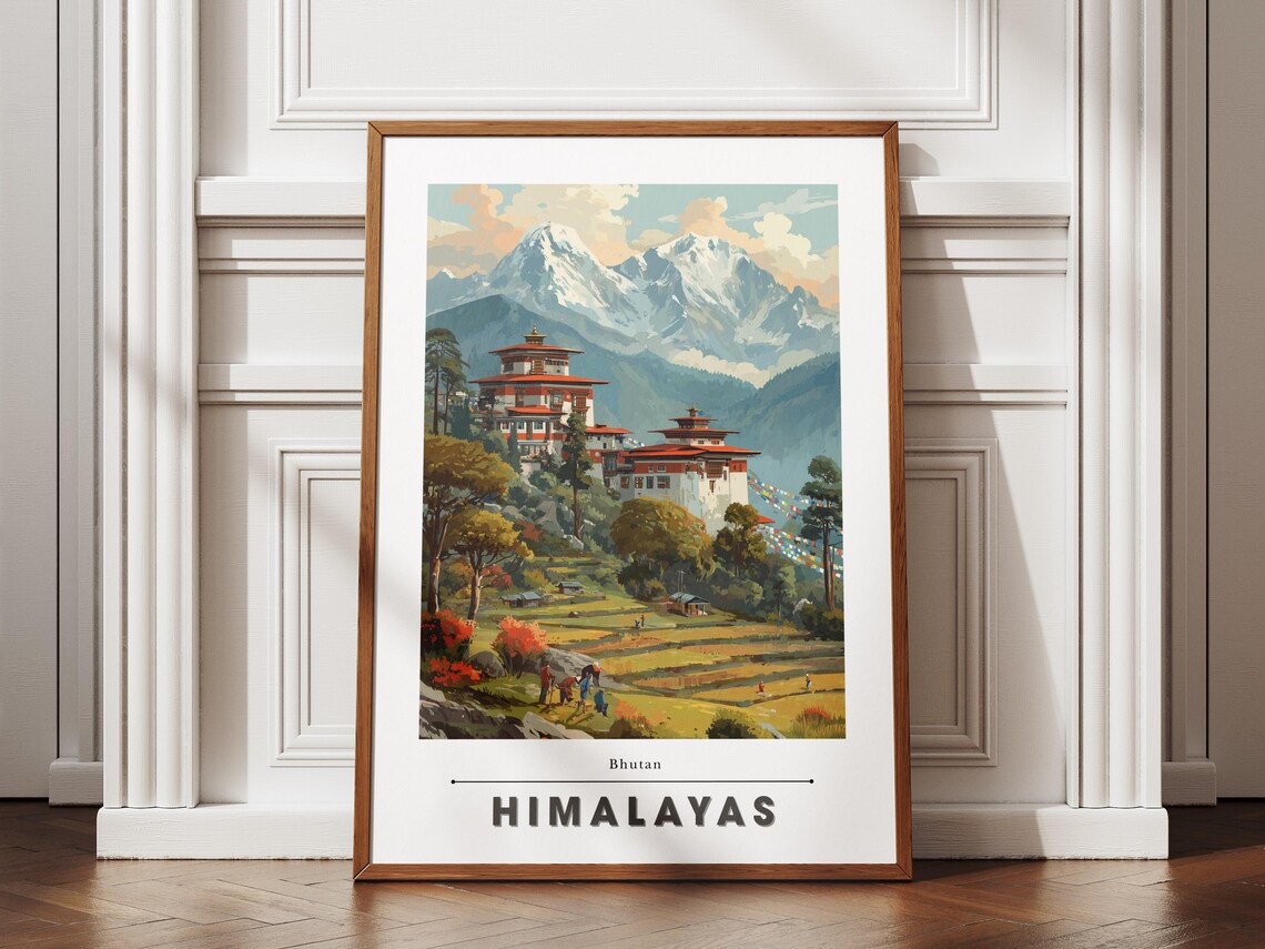 Bhutan Himalayas Snowy Mountain Monastery Vintage Travel Poster