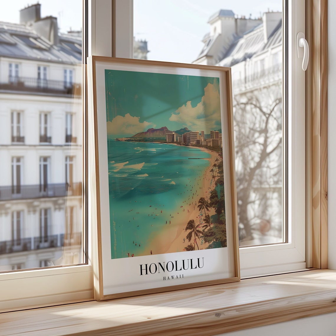 Honolulu Hawaii Retro Waikiki Beach Diamond Head Travel Poster
