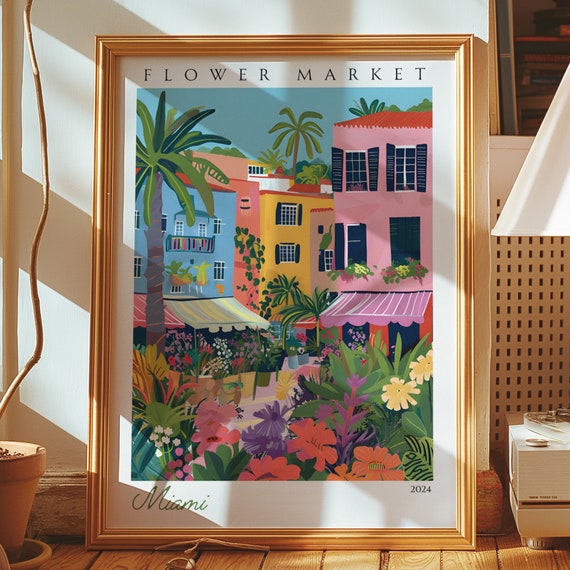 Miami Flower Market Poster Colorful Wall Art Tropical Print Cityscape Decor Florida Travel