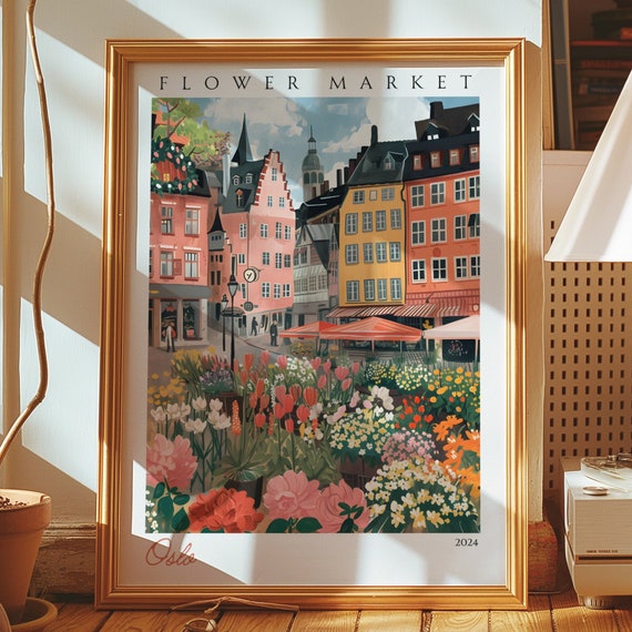Oslo Flower Market Poster Colorful Wall Art Norwegian Print Cityscape Decor Norway Travel Vibrant