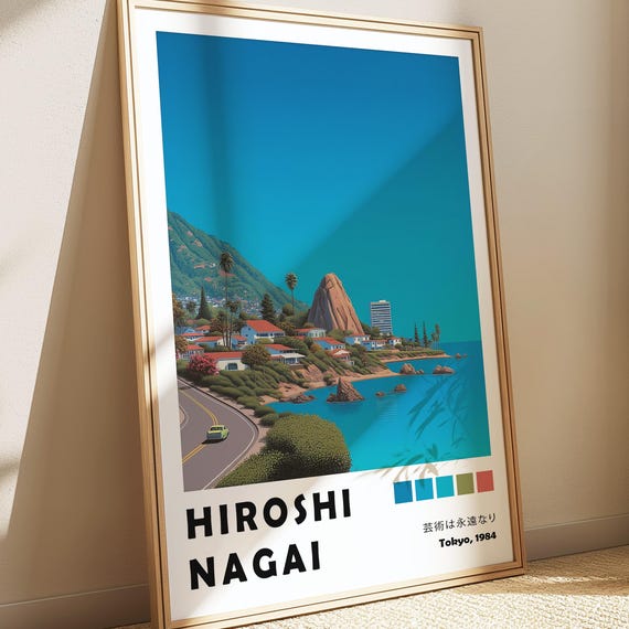 Seaside Hiroshi Nagai Poster Ocean Art Coastal Road 90s Pop Print Retro Vaporwave Painting Japandi Decor Wabi Sabi Wallpaper