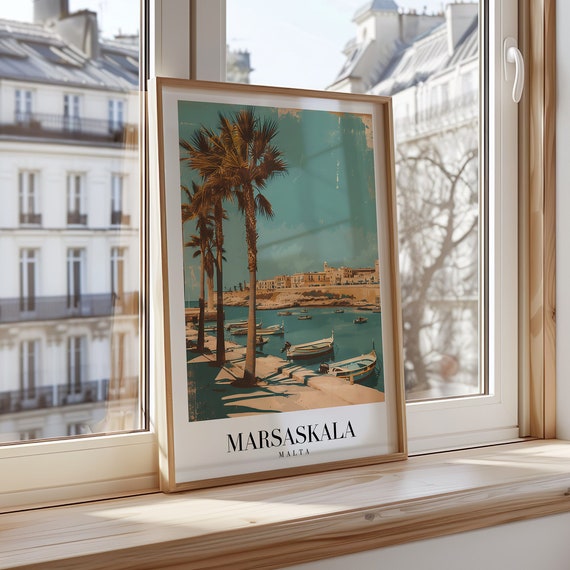 Marsaskala Poster Malta Coastline Print Mediterranean Travel Wall Art Vintage Seaside Cityscape