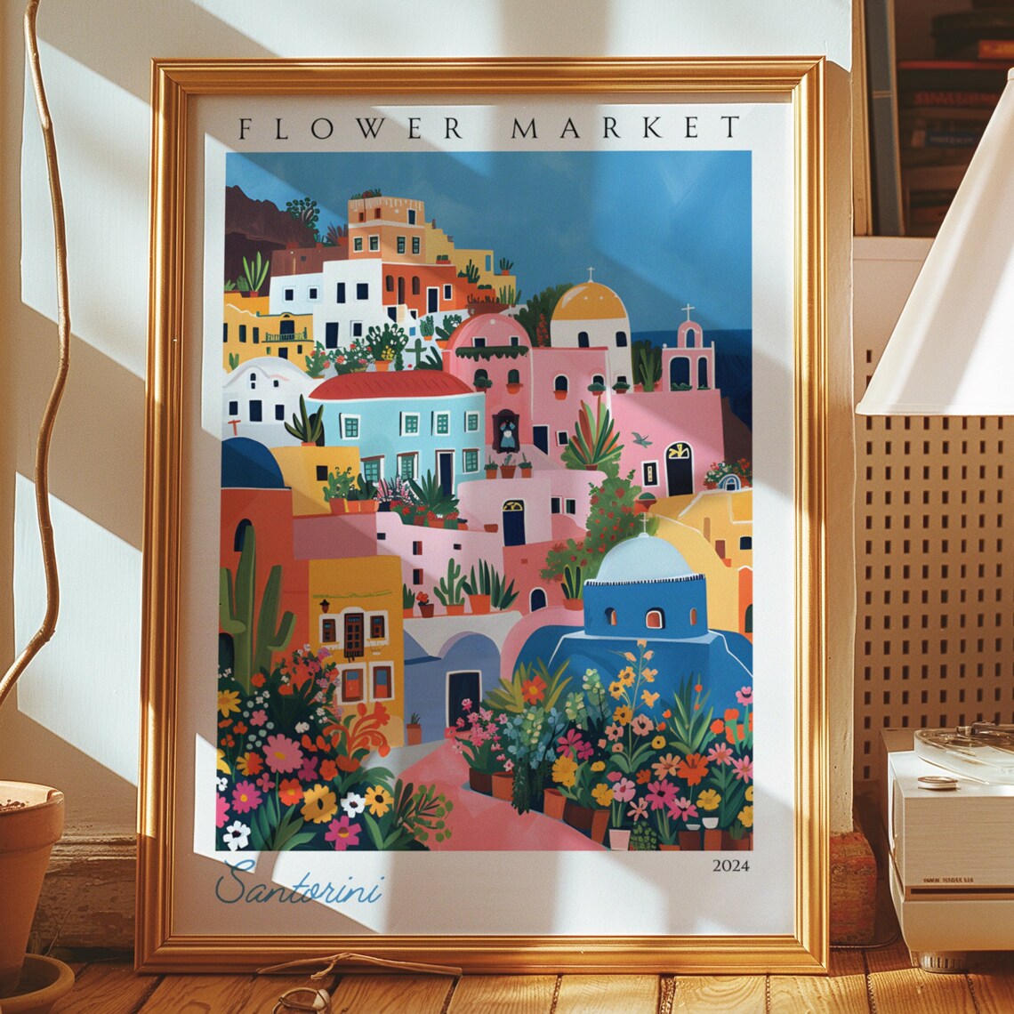 Santorini Flower Market Greek Island Village Colorful Wall Art 2024
