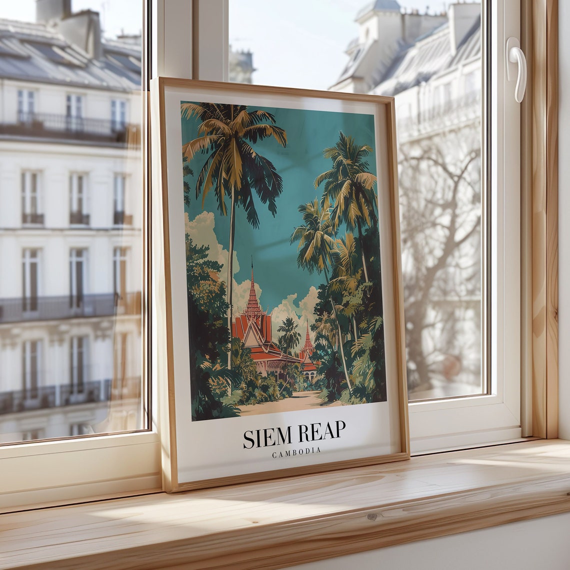 Siem Reap Cambodia Temple Palm Trees Vintage Travel Poster Art