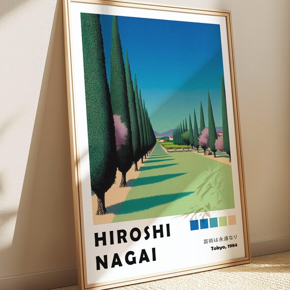 Tree Path Hiroshi Nagai Poster Italian Cypress Wall Decor Natural Painting Botanical 90s Rural Pop Art Print Wabi Sabi Nature Wallpaper