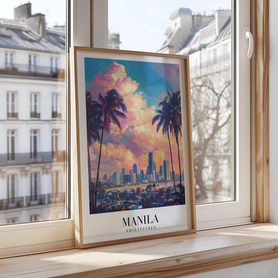 Manila Poster Philippines City Art Skyline Print Tropical Palm Tree Wall Decormanila Sunset Artwork Southeast Asia Travel