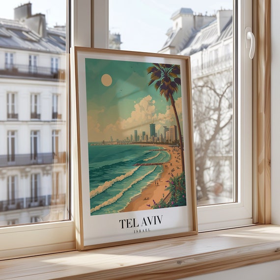 Tel Aviv Israel Beach Poster Mediterranean Coastline Art Cityscape Print Travel Decor Wall Coastal