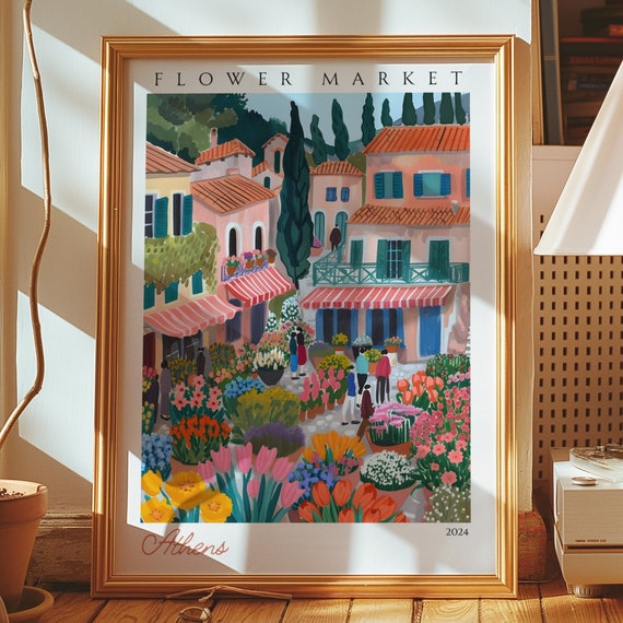 Athens Flower Market Poster Greece City Art Floral Scene Old Town Wall Decor Greek Print Mediterranean