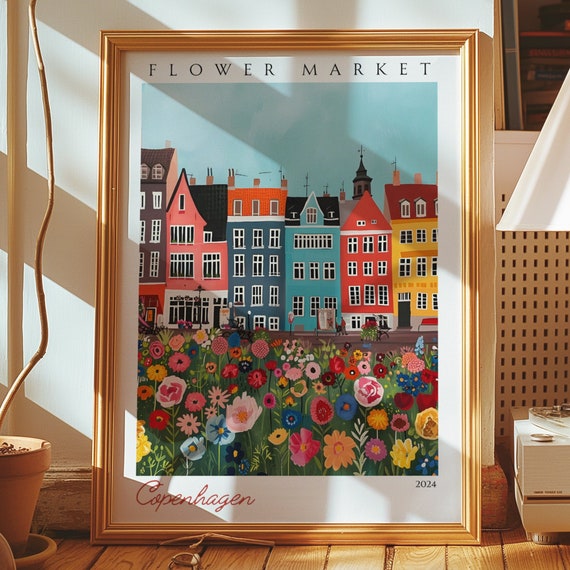 Copenhagen Flower Market Poster Colorful City Art Danish Wall Decor Street Scene
