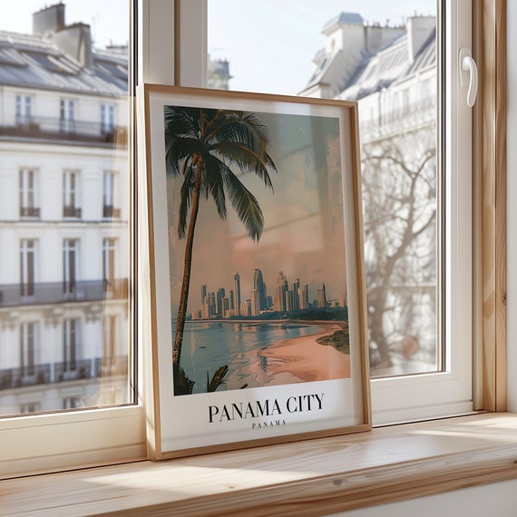 Panama City Poster Skyline Wall Art Tropical Travel Print Beach Decor Palm Tree Sunset Coastal
