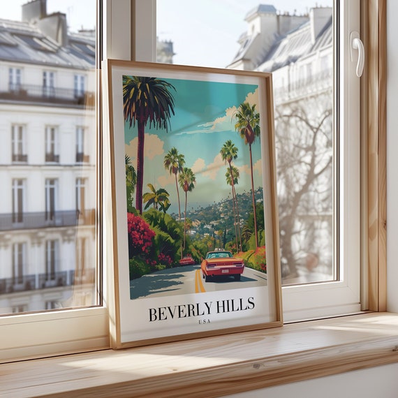 Beverly Hills Poster City Art Palm Tree Scenic Print Classic Car Artwork Los Angeles Wall Decor Hollywood