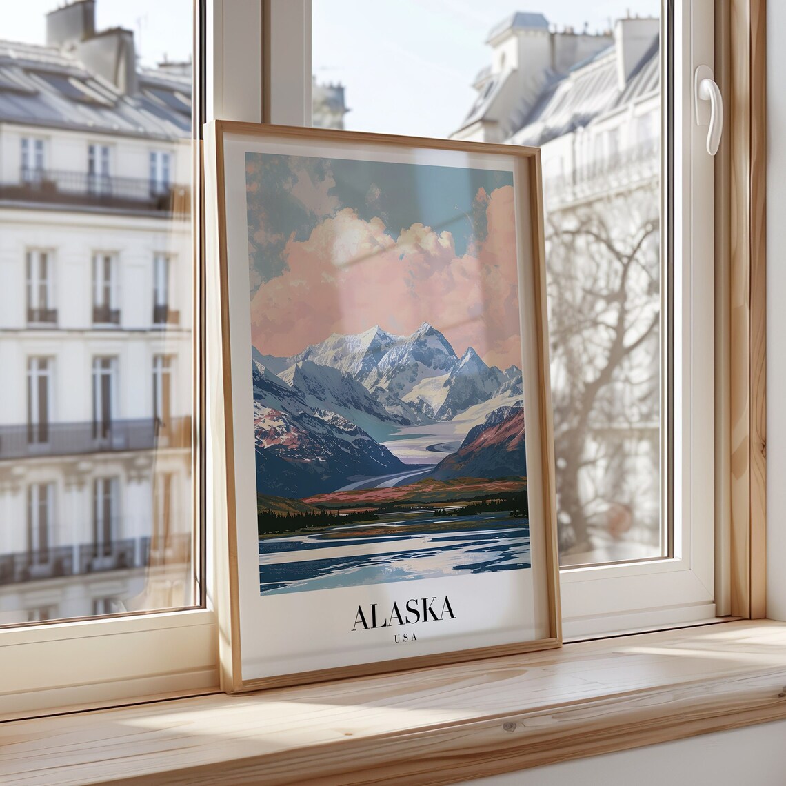 Alaska USA Travel Poster Snow Capped Denali Mountain Lake View Art